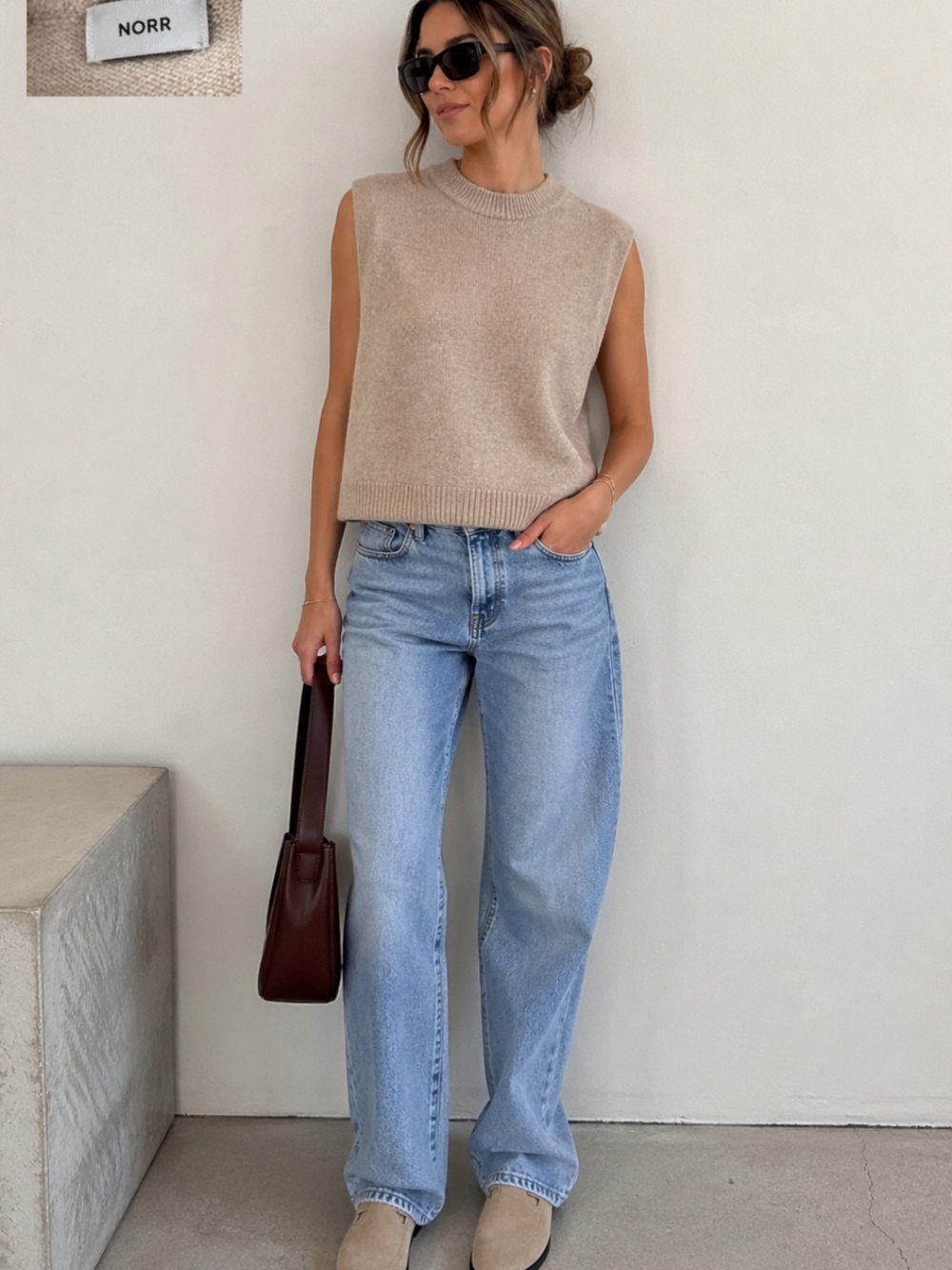NORR sleeveless crew neck sweater in beige, crafted in a soft wool blend 64%